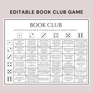 Bearbeitbare Buchclub-Diskussionsfragen, Buchklub-Würfelspiel, Buchklub-Diskussionsvorlage, Buchklub-Einladungen, Buchklub-Eisbrecher