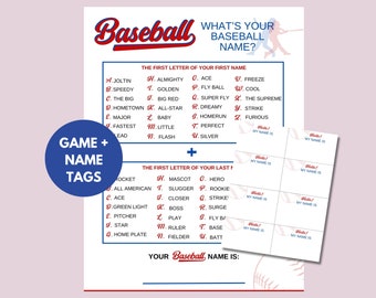 What's Your Baseball Name Game, Baseball Team Party Games, Baseball Theme Name Tags, Birthday Sports Games, Summer Activity for Kids-BA