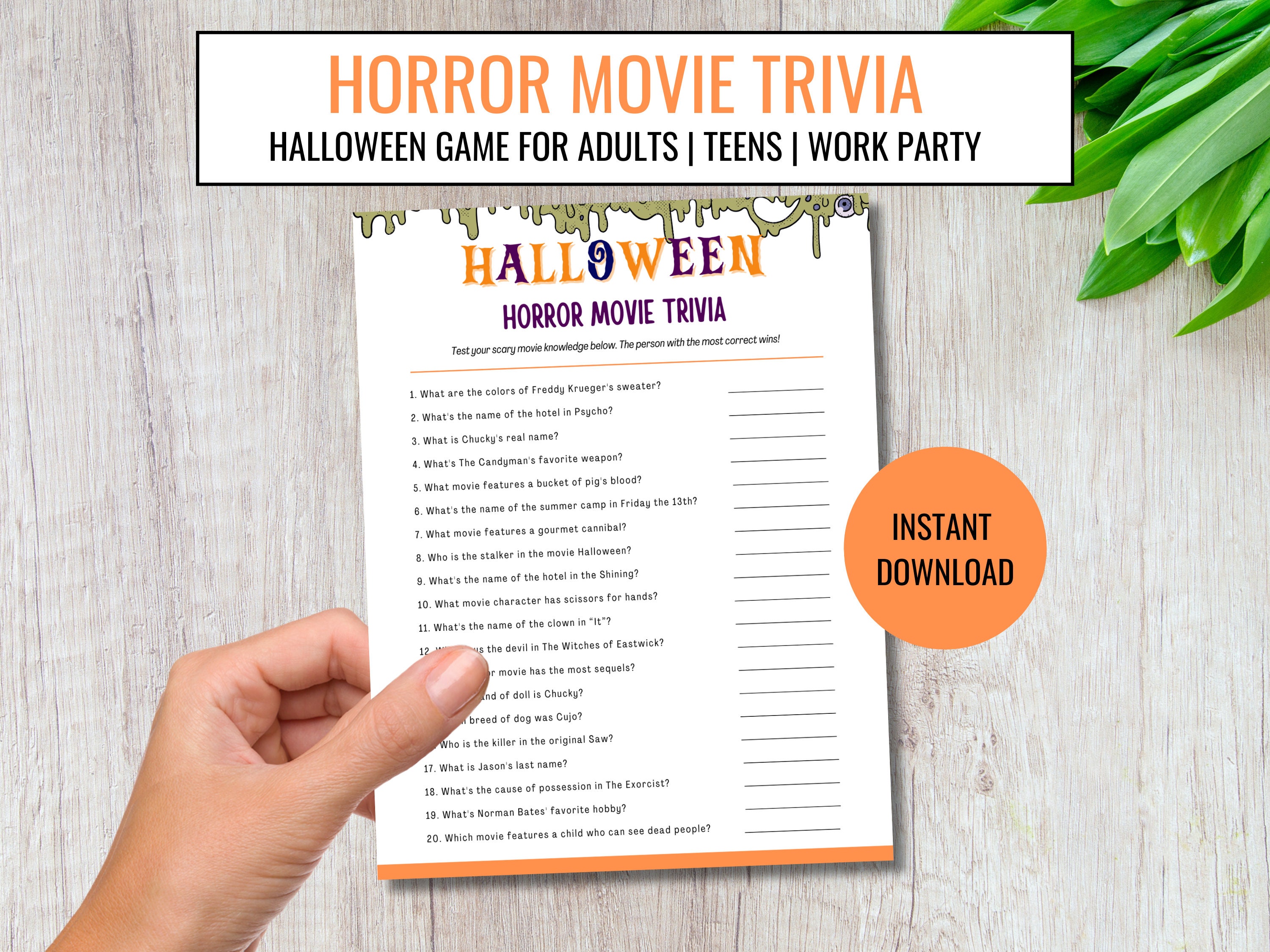 Horror Movie Trivia Game, Halloween Printable Adult Games, Halloween Party, Office Party, Instant Download, Trivia Game, Trivia Night- HW01