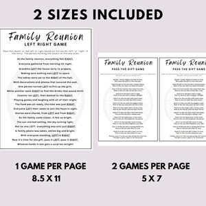 May include: Two printable game pages for a family reunion. The first page features a left or right game with a poem about a family reunion. The second page features a pass the gift game with a poem about passing a gift around a circle.