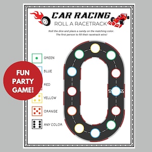 May include: A printable game board for a car racing party game. The board features a racetrack with circles of different colours: green, blue, red, yellow, orange, and any colour. The game instructions are: "Roll the dice and place a sweet on the matching colour. The first person to fill their racetrack wins!"