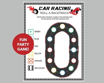 May include: A printable game board for a car racing party game. The board features a racetrack with circles of different colours: green, blue, red, yellow, orange, and any colour. The game instructions are: "Roll the dice and place a sweet on the matching colour. The first person to fill their racetrack wins!"