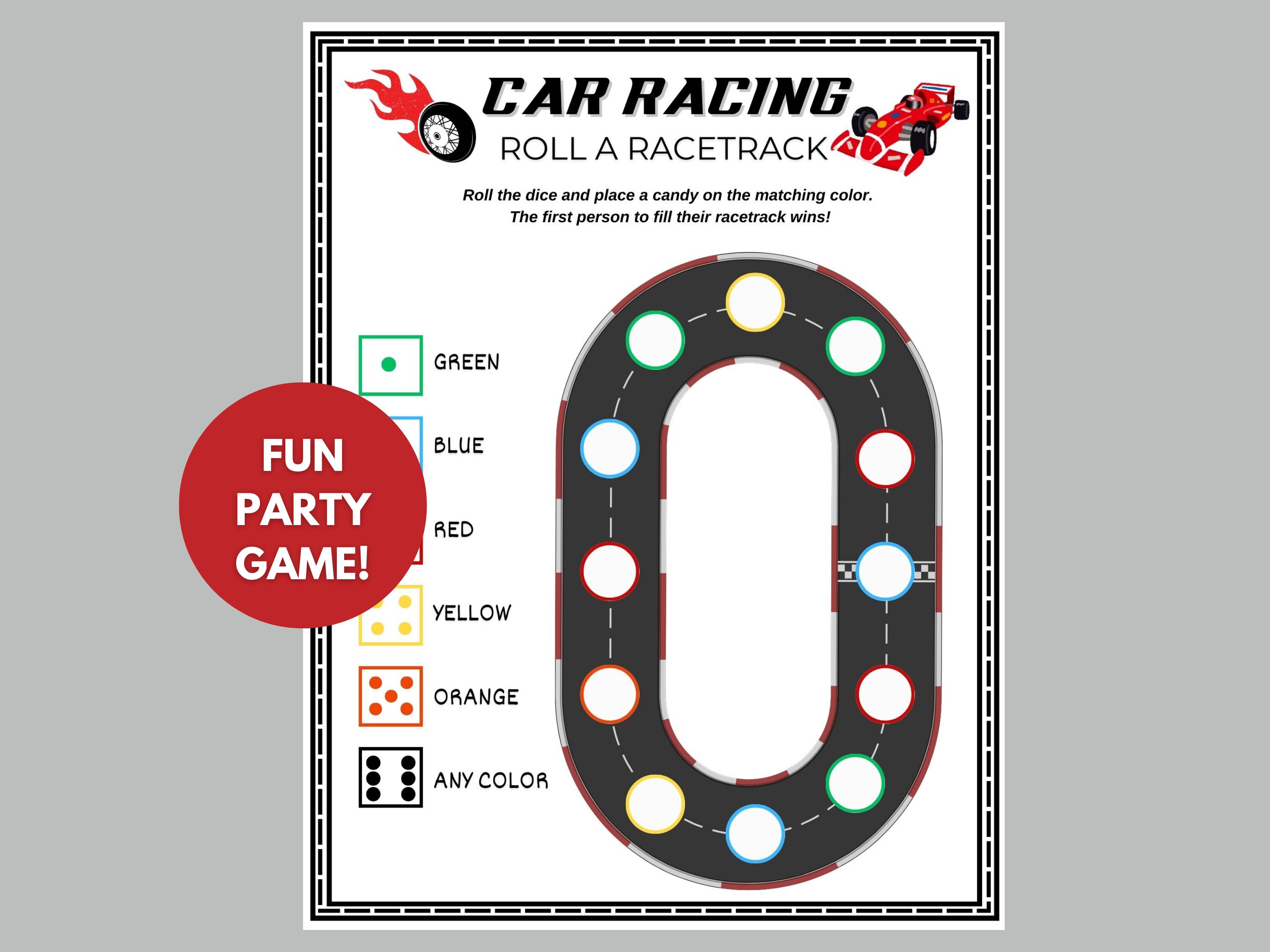 Roll A Racetrack, Car Racing Kids Activity, Motorsports Party Game, Race Car Birthday, Boys Auto Racing, Fast One Birthday, Candy Dice -RA