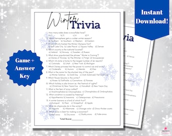 May include: A printable Winter Trivia game with a blue and white snowflake design. The game includes questions about winter topics, with an answer key. The words "Winter Trivia" are at the top, and "Instant Download!" is in the upper right corner.