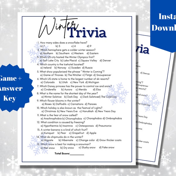 Winter Trivia Game Printable, Wintertime Activity for Adults, Kids, Family, Winter Party Games, Trivia Office Party Icebreaker, Holiday Game