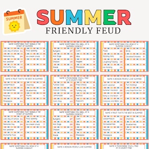 Puede incluir: Un juego de mesa colorido titulado "Summer Friendly Feud" con varias categorías temáticas de verano y valores de puntos. Incluye un calendario con un icono de sol sonriente y la palabra "Summer".