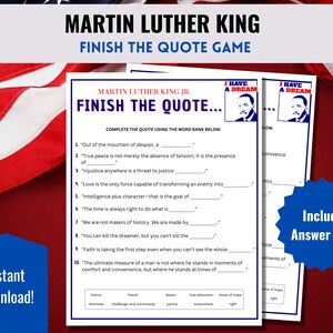 MLK Activities, MLK Quotes, Finish the Quote, MLK Day, mlk Printable, Homeschool Printables, Black History Month, Martin Luther King Game