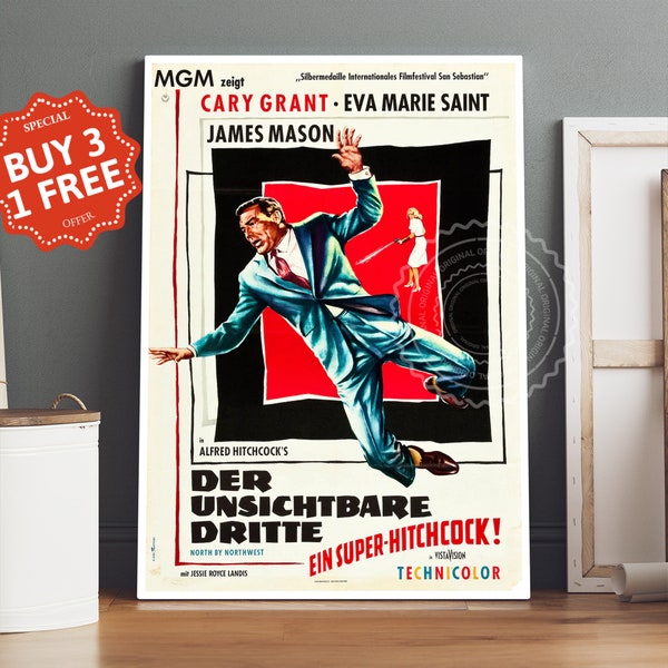 North By Northwest - German Movie Poster Canvas, Retro Vintage Movie Poster, Canvas Wall Art, Movie Art, Movie Lovers Gifts
