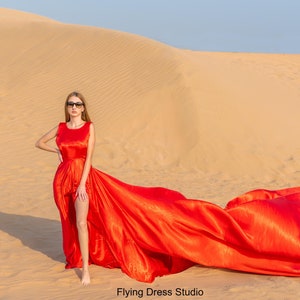 Red Satin Flying Dress: Long Train Photoshoot Gown