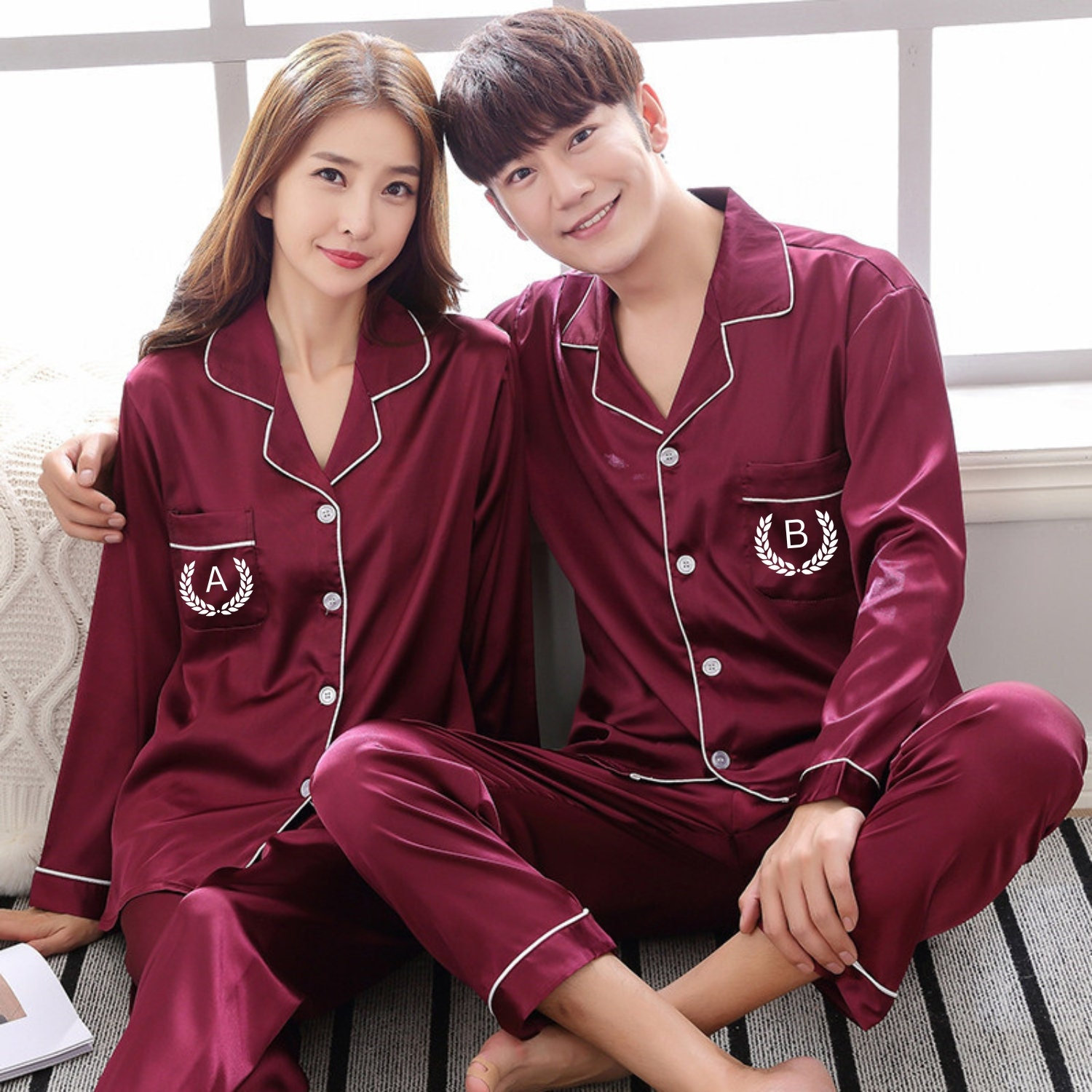 QWZNDZGR Winter Silk Satin Couples Pajamas For Men Women Long