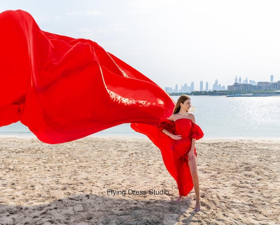 Long Train Satin Flying Dress: Photoshoot Flowy Gown Long Train Satin Flying Dress: Photoshoot Flowy Gown