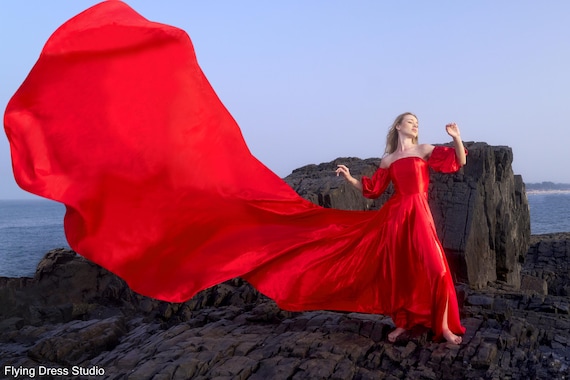 dress with long train for photoshoot Red Satin Flying Dress: Long Train Photoshoot Gown