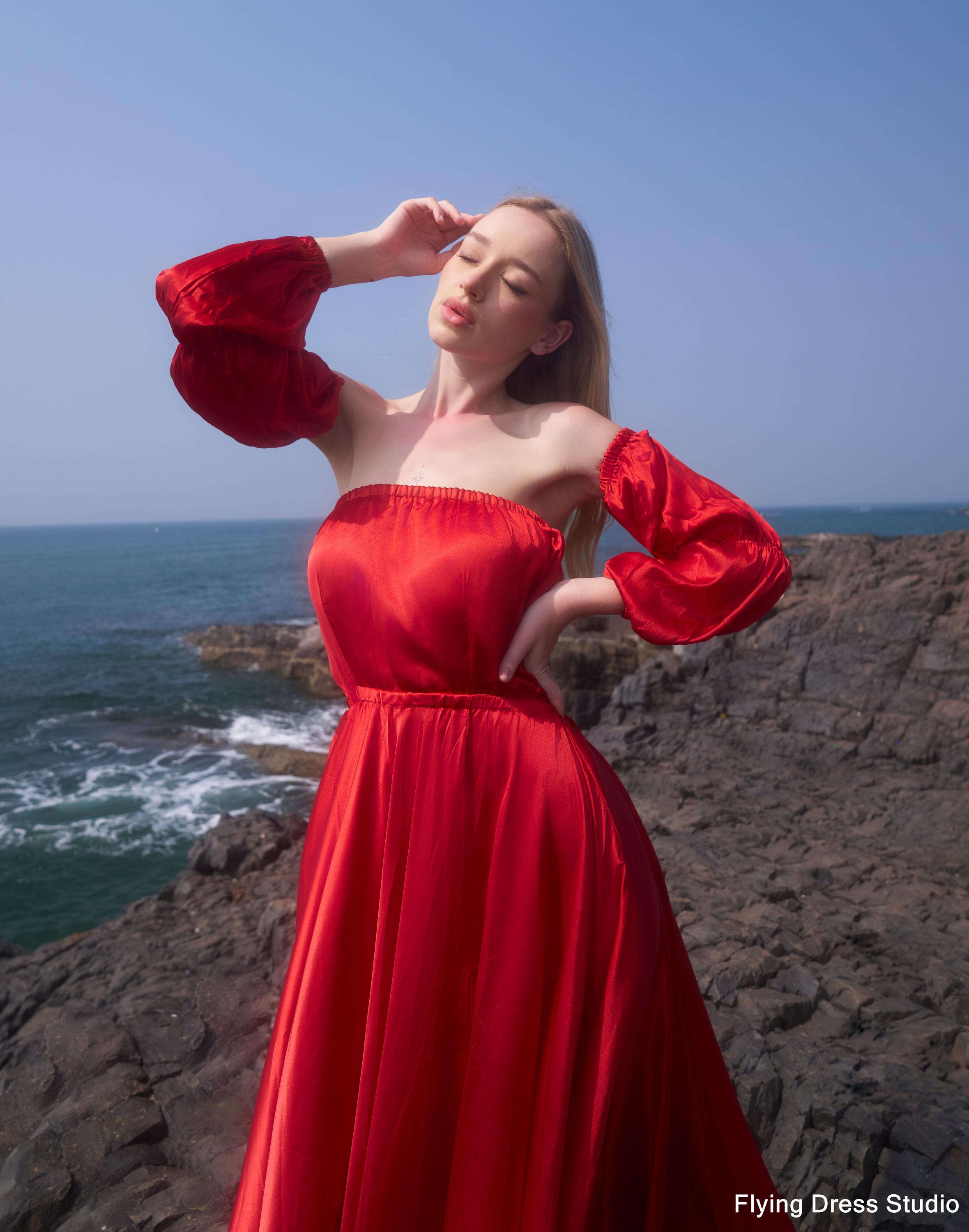 Long Train Satin Flying Dress: Photoshoot Flowy Gown