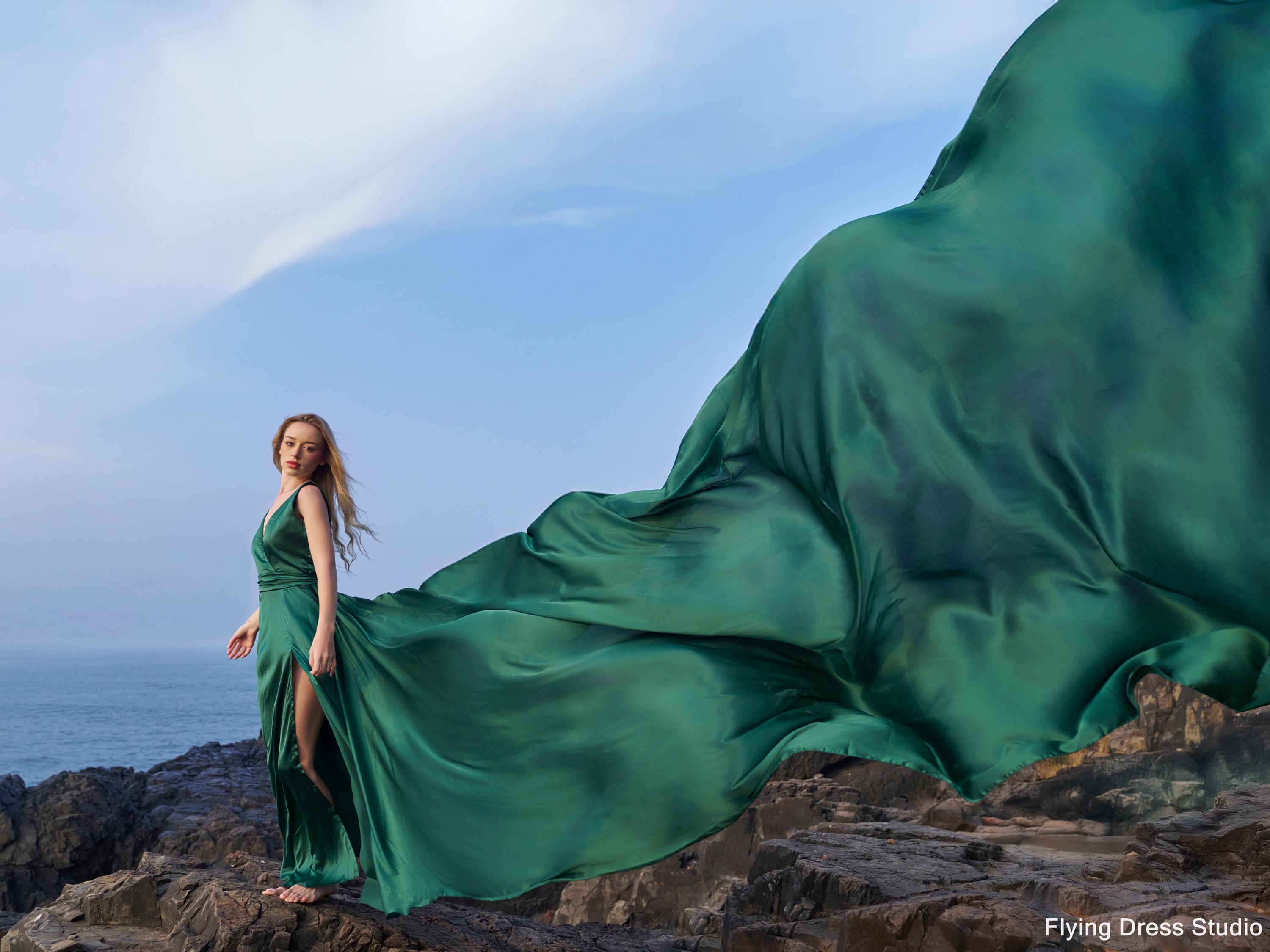 Long Flying Dress for Photoshoot - Dramatic Satin Gown with Long Train