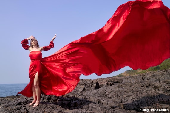 Red Satin Flying Dress: Long Train Photoshoot Gown Red Satin Flying Dress: Long Train Photoshoot Gown