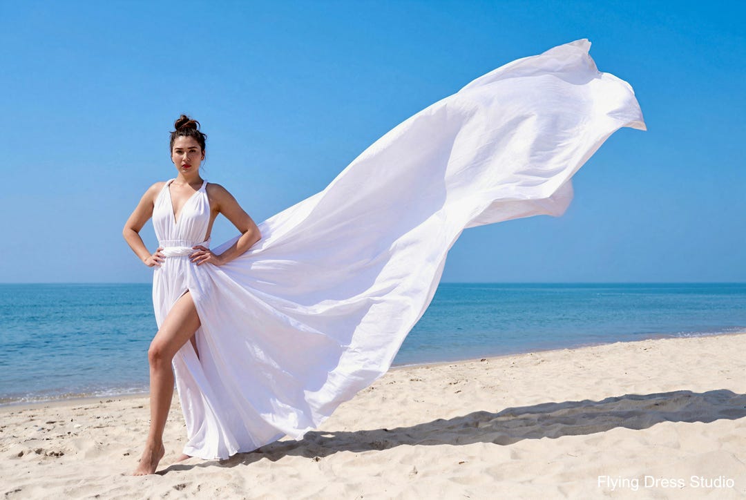 dress with long train for photoshoot White Flying Dress: Long Train Photoshoot Gown