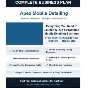May include: A business plan titled "Complete Business Plan" for Apex Mobile Detailing. The document includes a step-by-step startup roadmap, financial projections, and legal guides. It also offers service and pricing packages, marketing scripts, and templates.