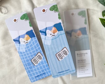 Lazy Cat Bookmark | Laminated Double sided Bookmark | Cute Cat, cozy vibe, girl, reading on the bed, kawaii Stationery