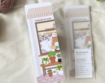 Chillen bij een Cafe Cat Bookmark | Gelamineerde dubbelzijdige bladwijzer | Leuke kat, koffie, café bladwijzer briefpapier