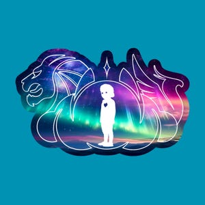 May include: A white silhouette of a child standing in front of a colorful aurora borealis, surrounded by a white outline of a lion and wings.
