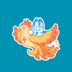 May include: A sticker illustration featuring a light blue cat with dark blue stripes riding on the back of a stylized orange and yellow phoenix. The phoenix has outstretched wings and a long, flowing tail, with small four-pointed star accents.