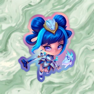 May include: A blue-haired anime character wearing a white and blue dress with a blue and white bunny ear headband. The character is holding a blue and white staff and is surrounded by a blue and white aura.