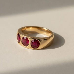 Puede incluir: Un anillo de banda dorada con tres piedras preciosas redondas de color rojo vibrante, engastadas horizontalmente en un estilo al ras. La superficie de metal dorado pulido refleja la luz, resaltando el perfil liso y redondeado.