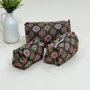Set di 3: beauty case da viaggio in cotone con stampa a mano, borsa per il trucco riutilizzabile, borsa da lavaggio impermeabile con stampa animalier, misura piccola/media/grande.