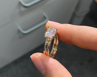 East West Radiant Cut Moissanite Ring | 14K Yellow Gold Hidden Halo Bridal Set