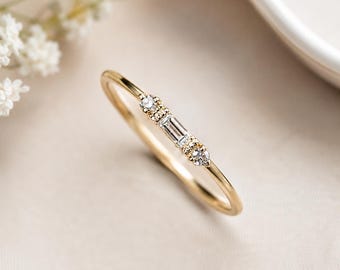 Three Stone Moissanite Ring | Baguette Round Gold Band | Minimalist Promise