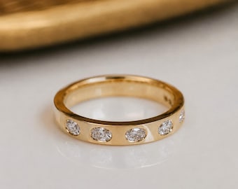 14K Gold Oval Moissanite Wedding Band | Flush Set Half Eternity Stacking Ring