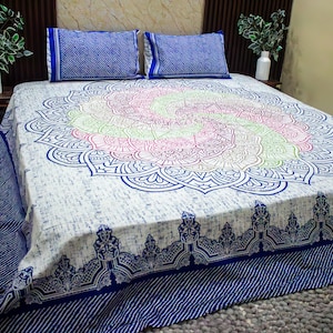 Hand Print Mandala Bedsheet Set: King Size Boho Cotton Bedding