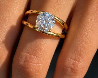 14K Solid Gold Round Moissanite Engagement Ring | Split Shank Double Band Bridal Ring