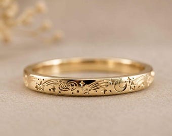 14K Solid Gold Celestial Moon Star Engraved Wedding Band | Galaxy Promise Ring