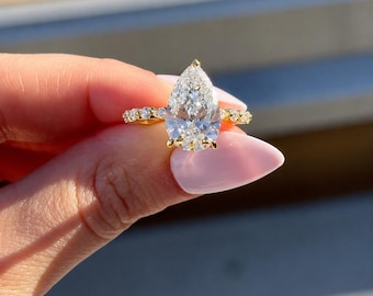 14k Solid Gold Pear Cut Moissanite Engagement Ring | Hidden Halo Floating Pave Wedding Band