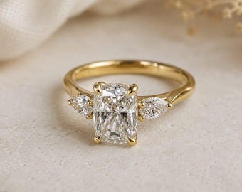 Elongated Cushion Cut Moissanite Ring | Pear Side Stones, 14K Gold Trilogy Bridal Band