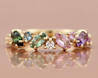 14K Solid Gold Rainbow Sapphire Ring | Marquise Round Gemstone Band, Colorful Eternity Wedding Ring