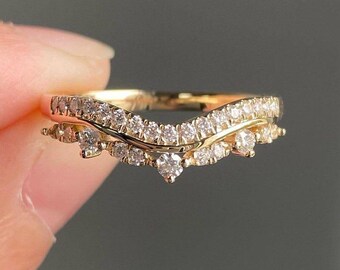 14K Solid Gold Double Row Moissanite Chevron Band | Stackable Pave Ring