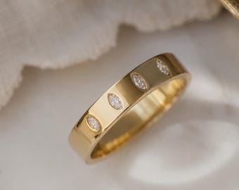 Flush Set Marquise Moissanite Wedding Band | 14K Gold Stackable Ring, 4MM Wide Eternity Band