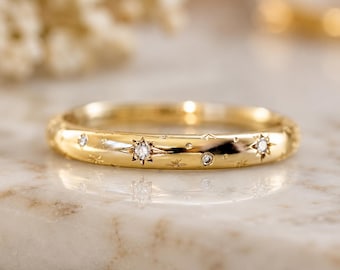 14K Solid Gold Starburst Moissanite Ring | Celestial Stacking Band