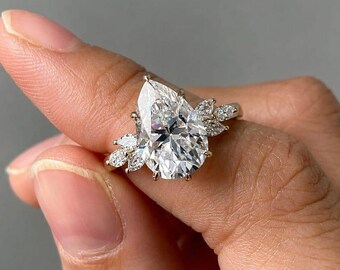 Pear Cut Moissanite Engagement Ring | 2.50 CT Hidden Halo 14K Gold Wedding Ring