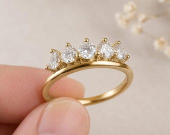 14K Solid Gold Five Stone Moissanite Wedding Band | Floating Anniversary Ring