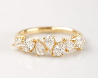 14K Solid Gold Pear Oval Moissanite Cluster Wedding Band, Stackable Anniversary Ring