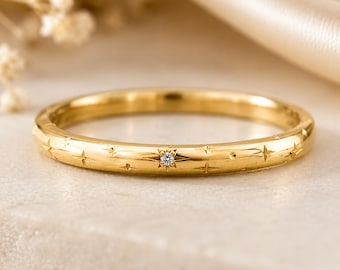 14K Solid Gold Starburst Wedding Band, Celestial Engraved Ring, Minimalist Moissanite Bridal Gift