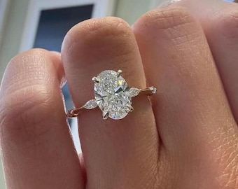 3 CT Oval Cut Moissanite Engagement Ring | Marquise Side Accents, Pave Band, 14K Gold