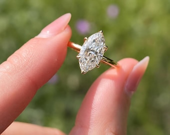 Marquise Cut Moissanite Engagement Ring | 14K Solid Gold Tulip Setting Solitaire Ring
