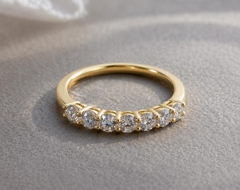 7 Stone Round Moissanite Wedding Ring | 14K Solid Gold Basket Setting Eternity Band