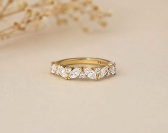 14K Solid Gold Marquise Round Moissanite Wedding Band | Half Eternity Stacking Ring