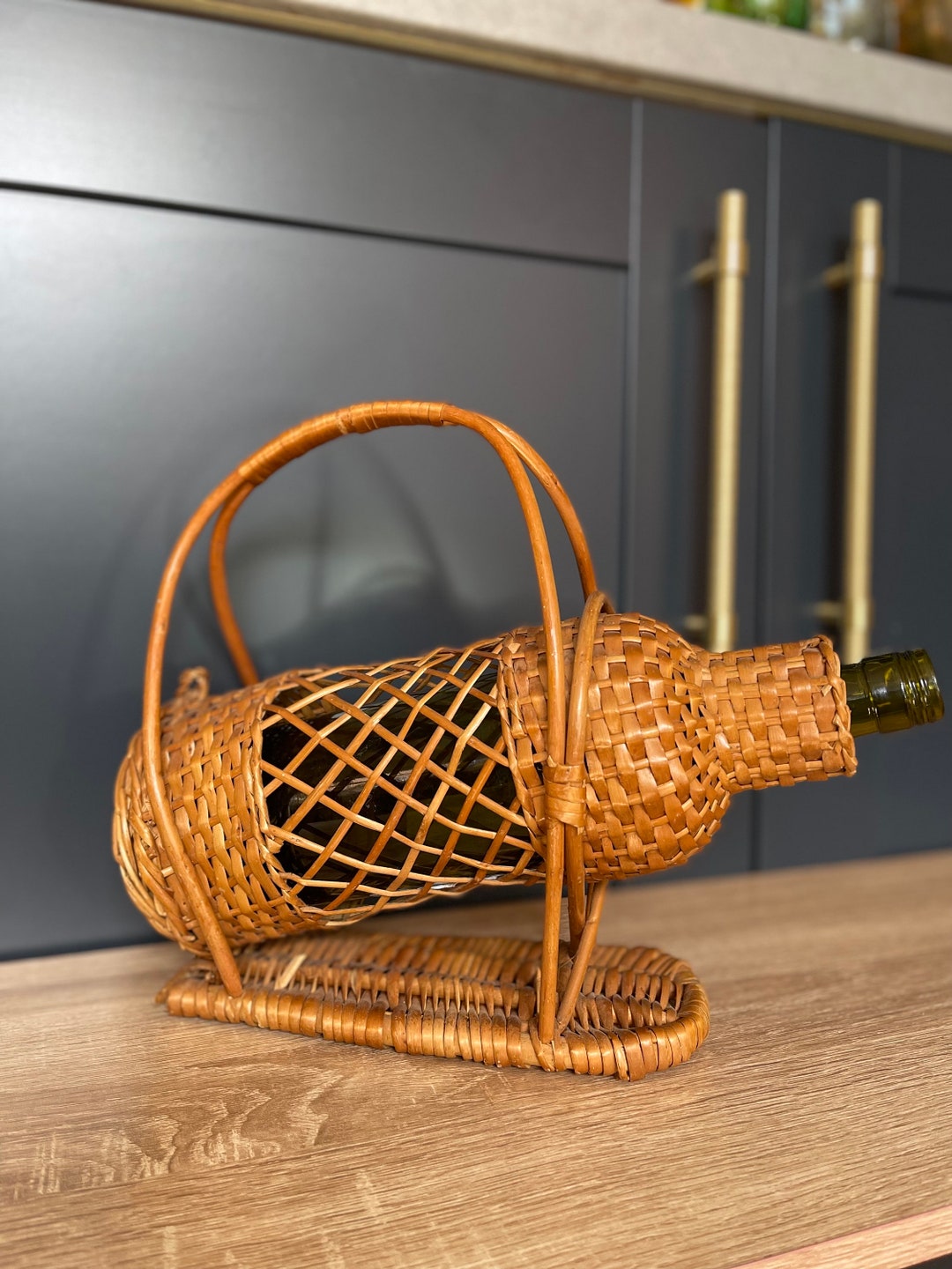 Vintage Wicker Wine Bottle Holder Wine Server, Germany, Midcentury