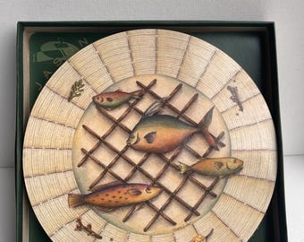 Vintage set of 5 illustrated fish and lattice placemats